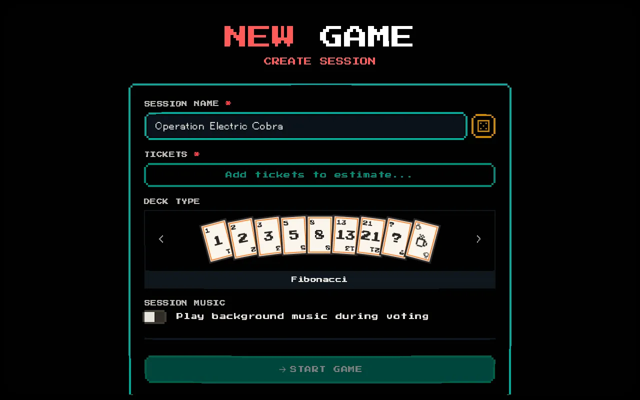 Session creation form showing session name, tickets, and deck type selection