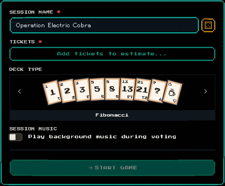 Session creation form with session name, deck type, and ticket configuration