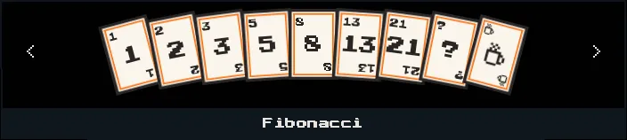 Fibonacci deck cards showing values 1 through 21 plus ? and coffee break