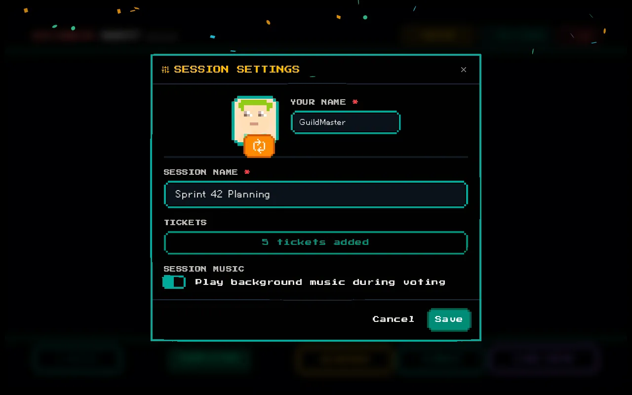 Session settings modal with name, tickets, and music controls