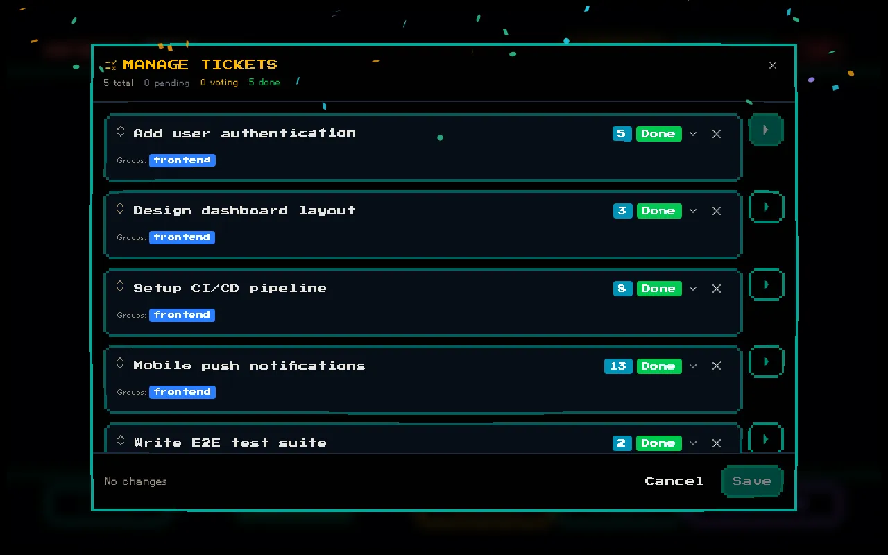 Ticket management modal showing the backlog with ticket statuses and groups
